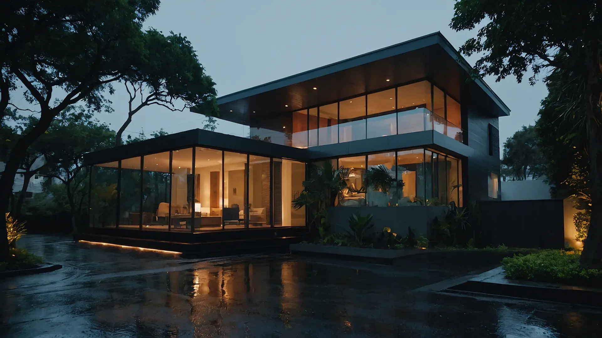 Casa moderna con grandes ventanales, iluminada al anochecer